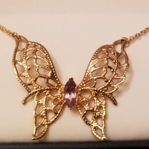 Gold Butterfly Filigree Necklace w Purple Amethyst